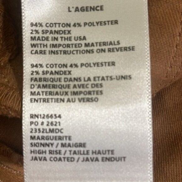 L’agence Jeans Women's Size 24 Coated Skinny High Rise Fitted Marguerite Java - Picture 12 of 14